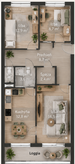 Na predaj priestranný 3-izbový byt s loggiou – Maurerova ulica, Košice – Furča