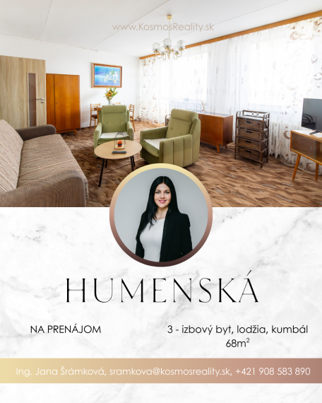 Na prenájom 3 izbový byt, Humenská, Košice-Západ