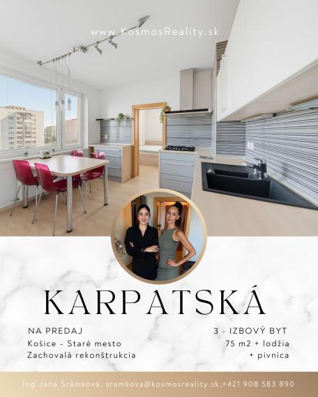 Priestranný 3-izbový byt s lodžiou, 75m2, KARPATSKÁ, Košice